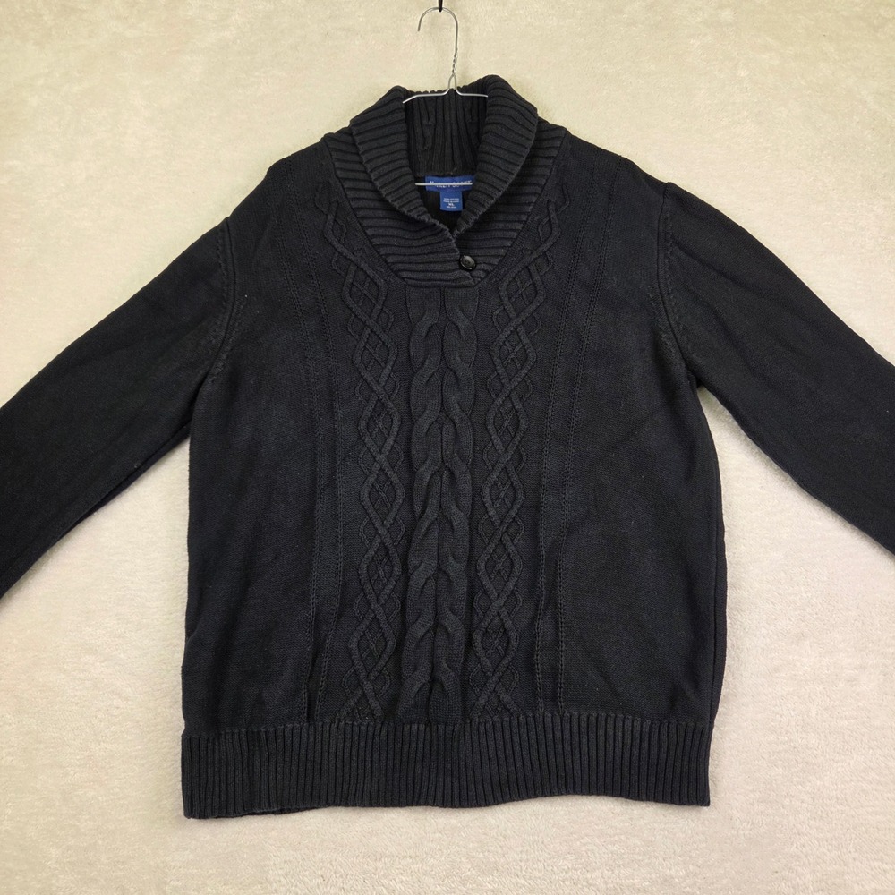 Karen Scott Womens XL Black Cable Knit Shawl Collar Button Cotton Sweater
